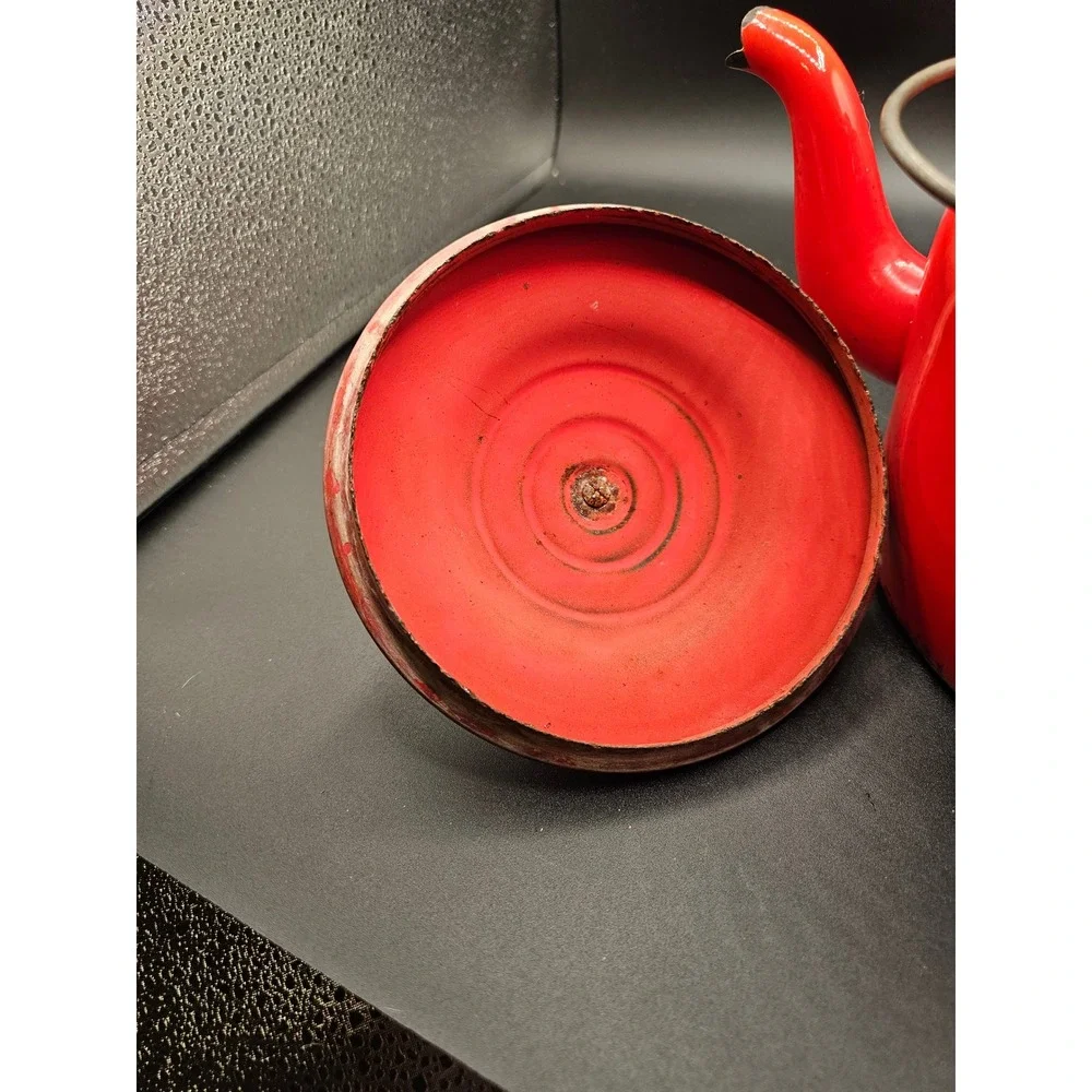 Vintage Red Enamel Tea Kettle Rustic Farmhouse Stovetop Decor Wood Handle XX